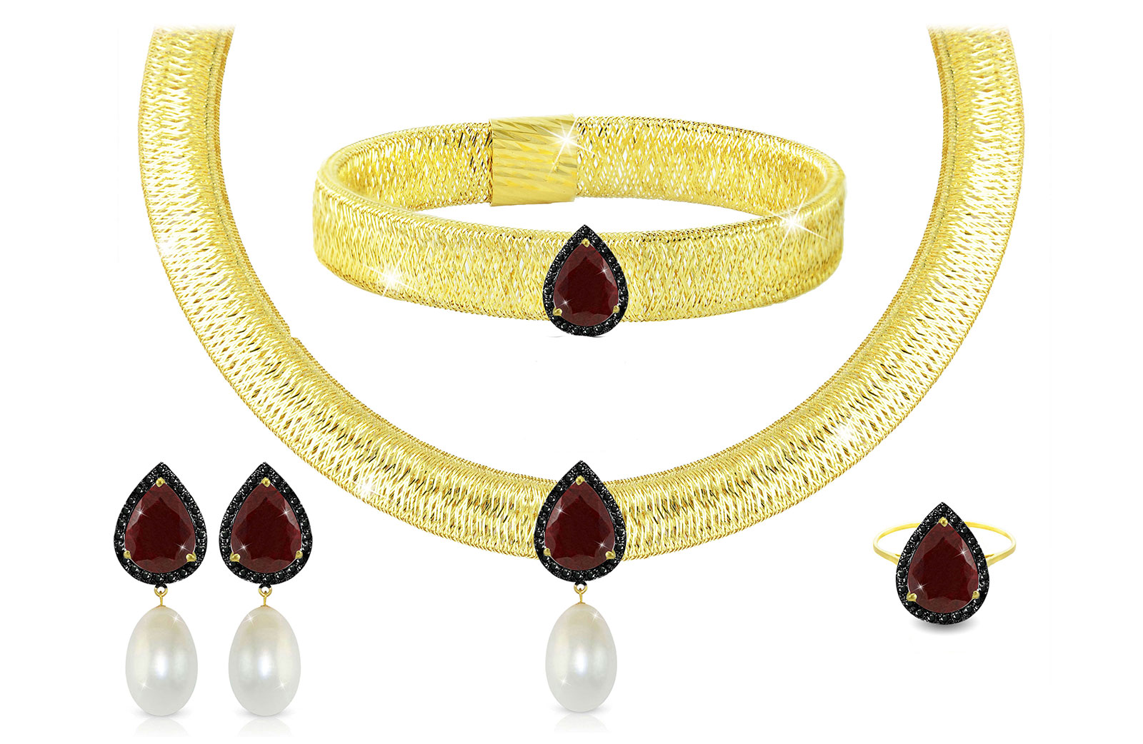 Vera Perla 18K Gold 0.60ct Black Diamonds, Ruby and 13mm White Pearl Jewelry Set - 4 pcs.